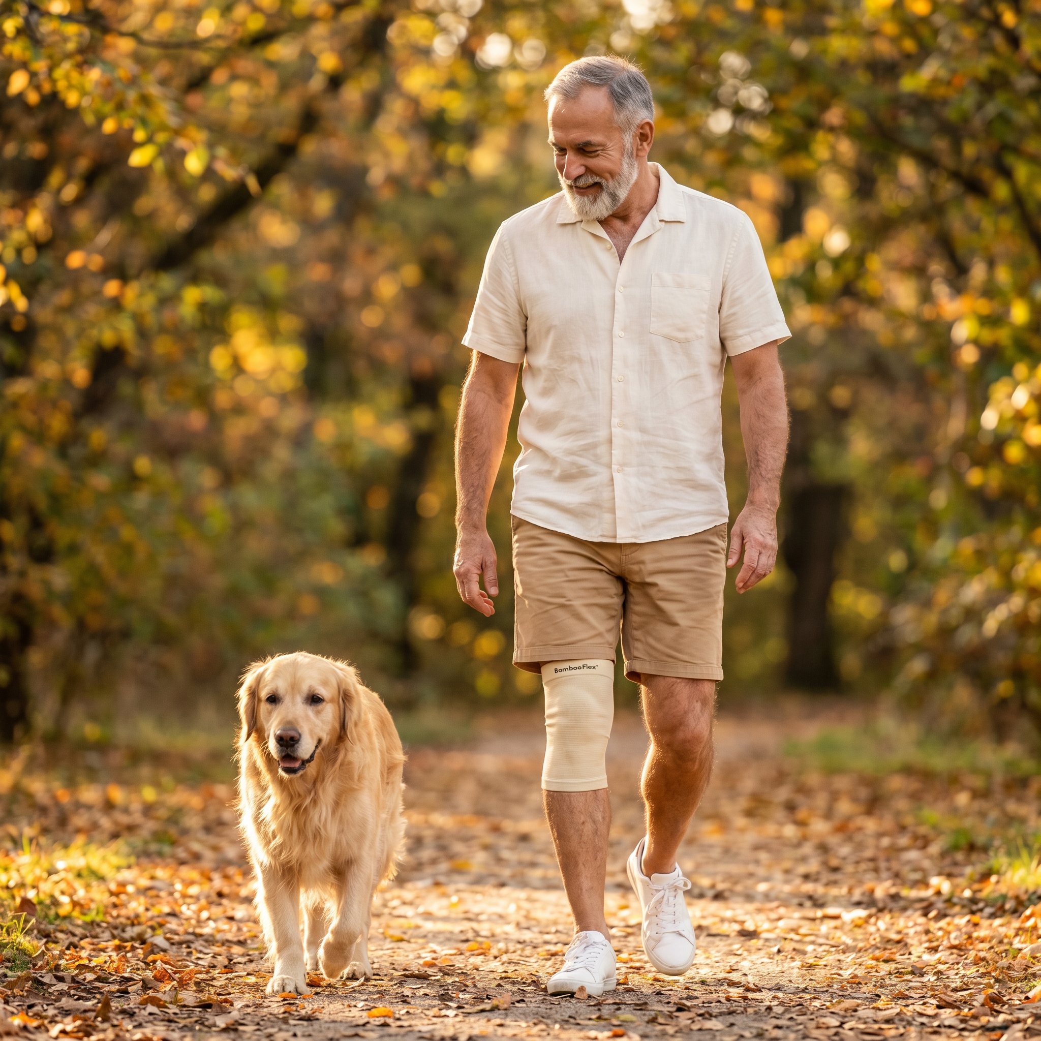Man walking his dog in autumn light with BambooFlex on his knee
